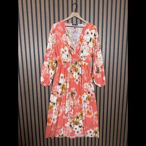 New Boohoo Dress 14 / L Womens Coral Midi Floral Faux Wrap Long Sleeve Stretch